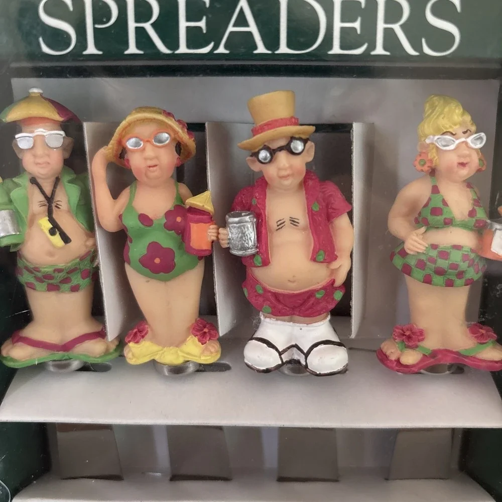 Boston Warehouse Spreader‎ Set 4pc Funny Beach People Cheese Spreaders Vtg New
